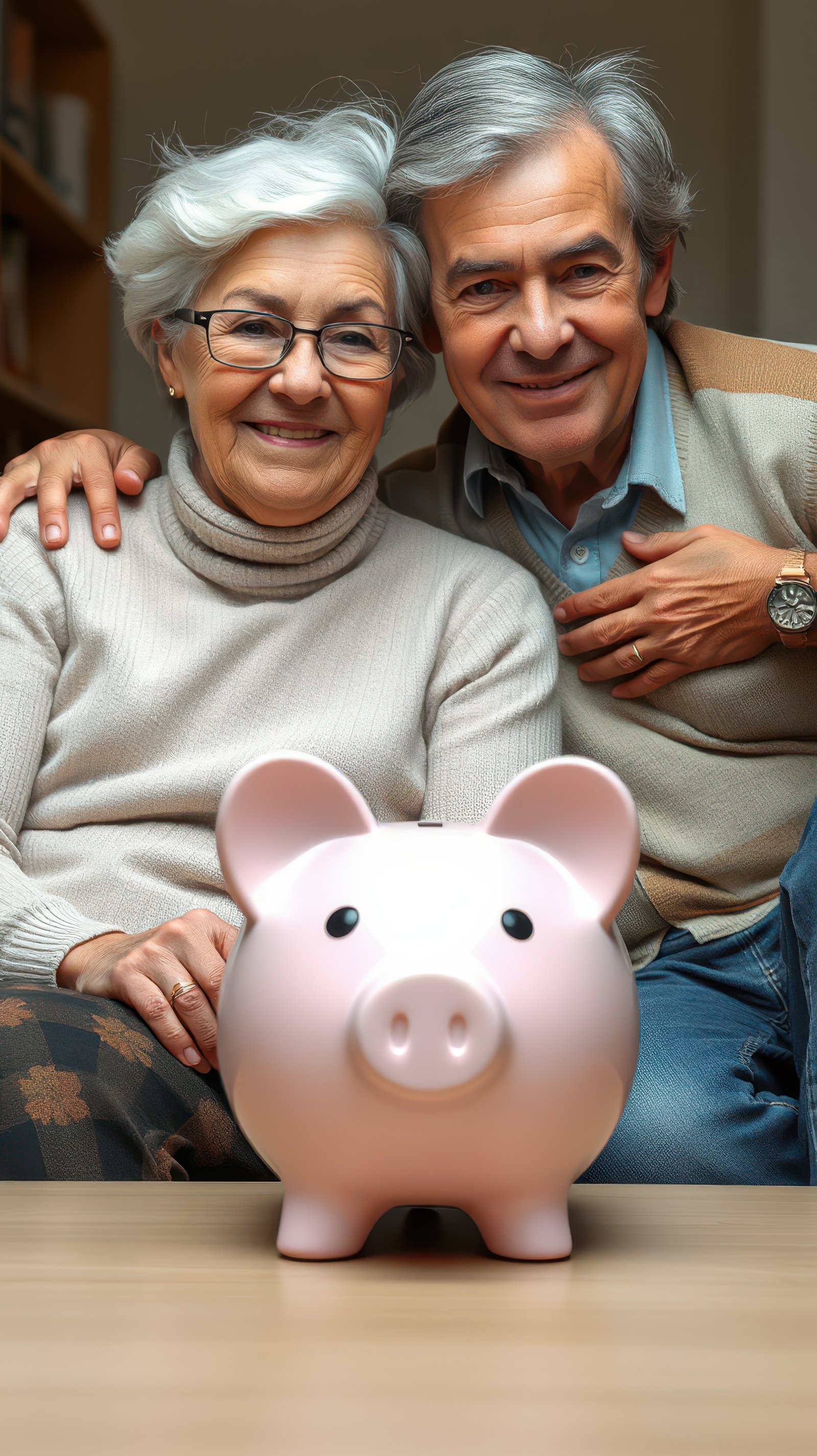 Senior couple celebrating financial success with piggy bank